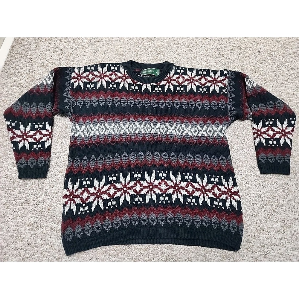 Landscape‎ Mens Vintage Fair Isle Snowflake Cotton Knit Sweater Navy Burgundy M